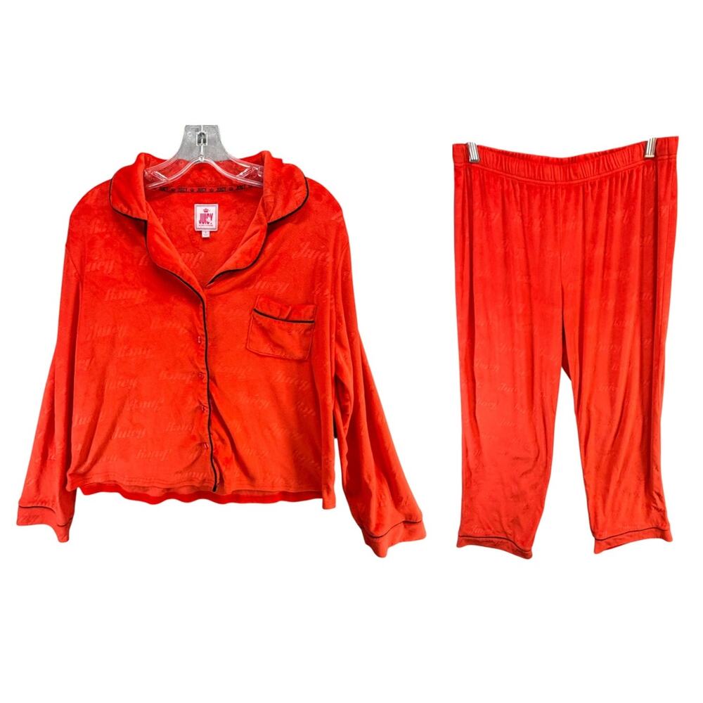 Juicy Couture Velvet Pajama Set Top & Pants Large Red Velour Embossed‎ Logo Cozy